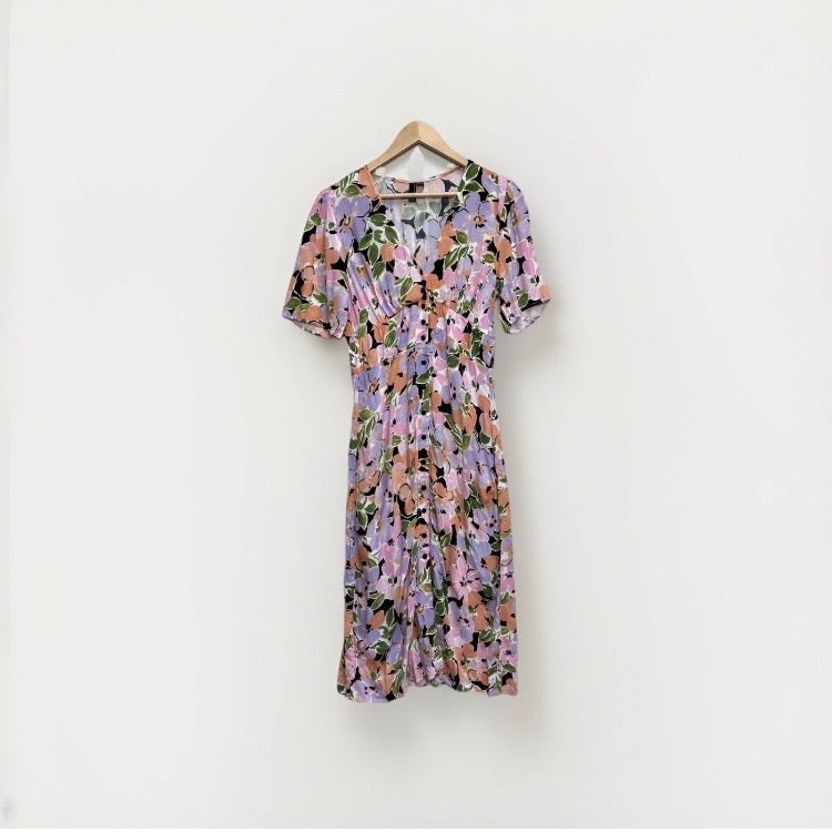 Nobody's Child Midi Dress Womens Size UK 12 Lilac Apricot Floral V Neck Button Pre-Loved Excellent Condition
