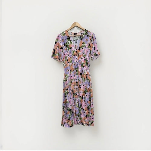Nobody's Child Midi Dress Womens Size UK 12 Lilac Apricot Floral V Neck Button Pre-Loved Excellent Condition