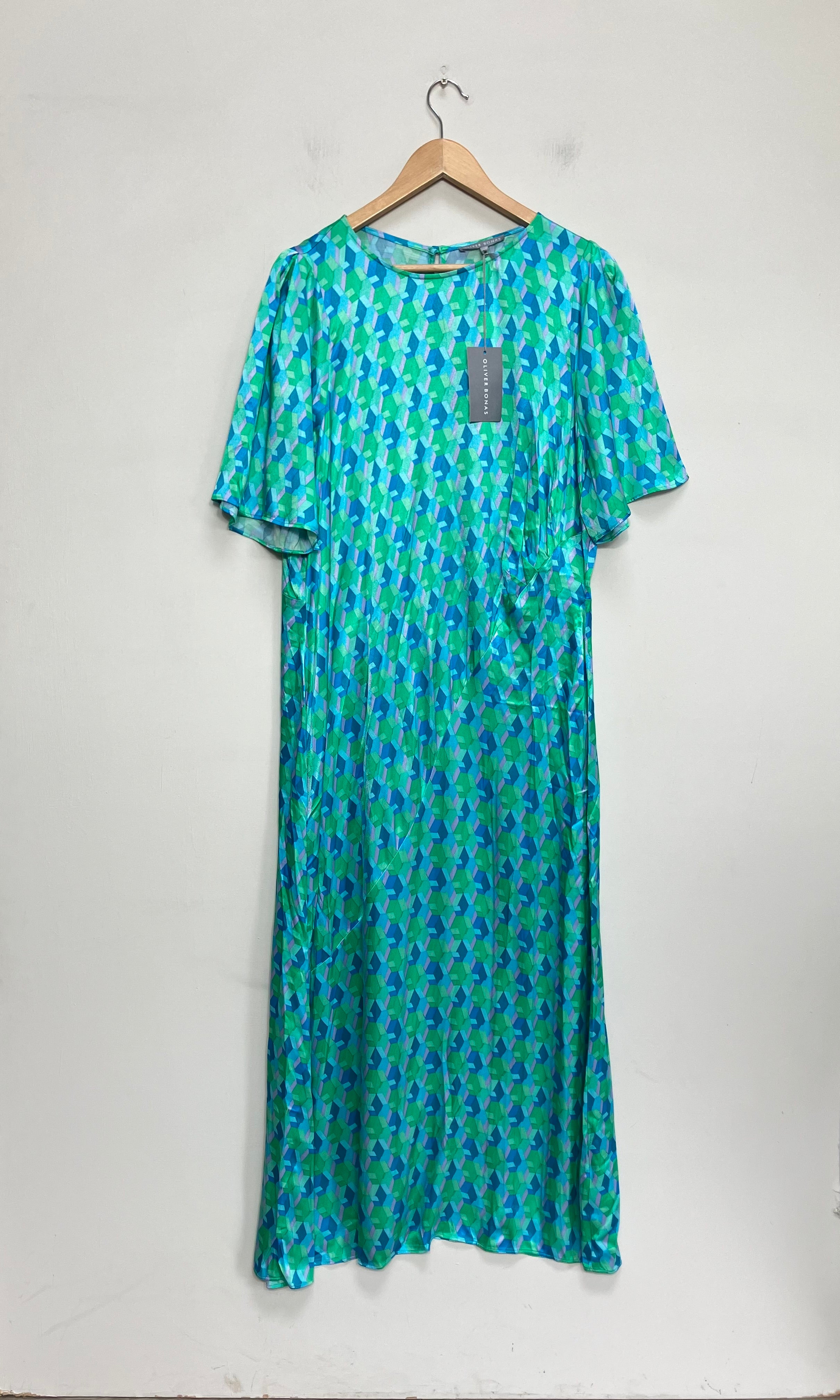 BNWT Oliver Bonas Women’s Midi Dress Size UK 18 Green Blue Geo Satin Fantasise Party