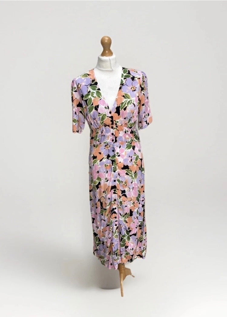 Nobody's Child Midi Dress Womens Size UK 12 Lilac Apricot Floral V Neck Button Pre-Loved Excellent Condition