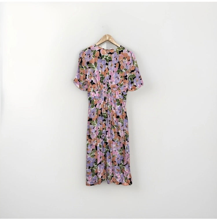 Nobody's Child Midi Dress Womens Size UK 12 Lilac Apricot Floral V Neck Button Pre-Loved Excellent Condition