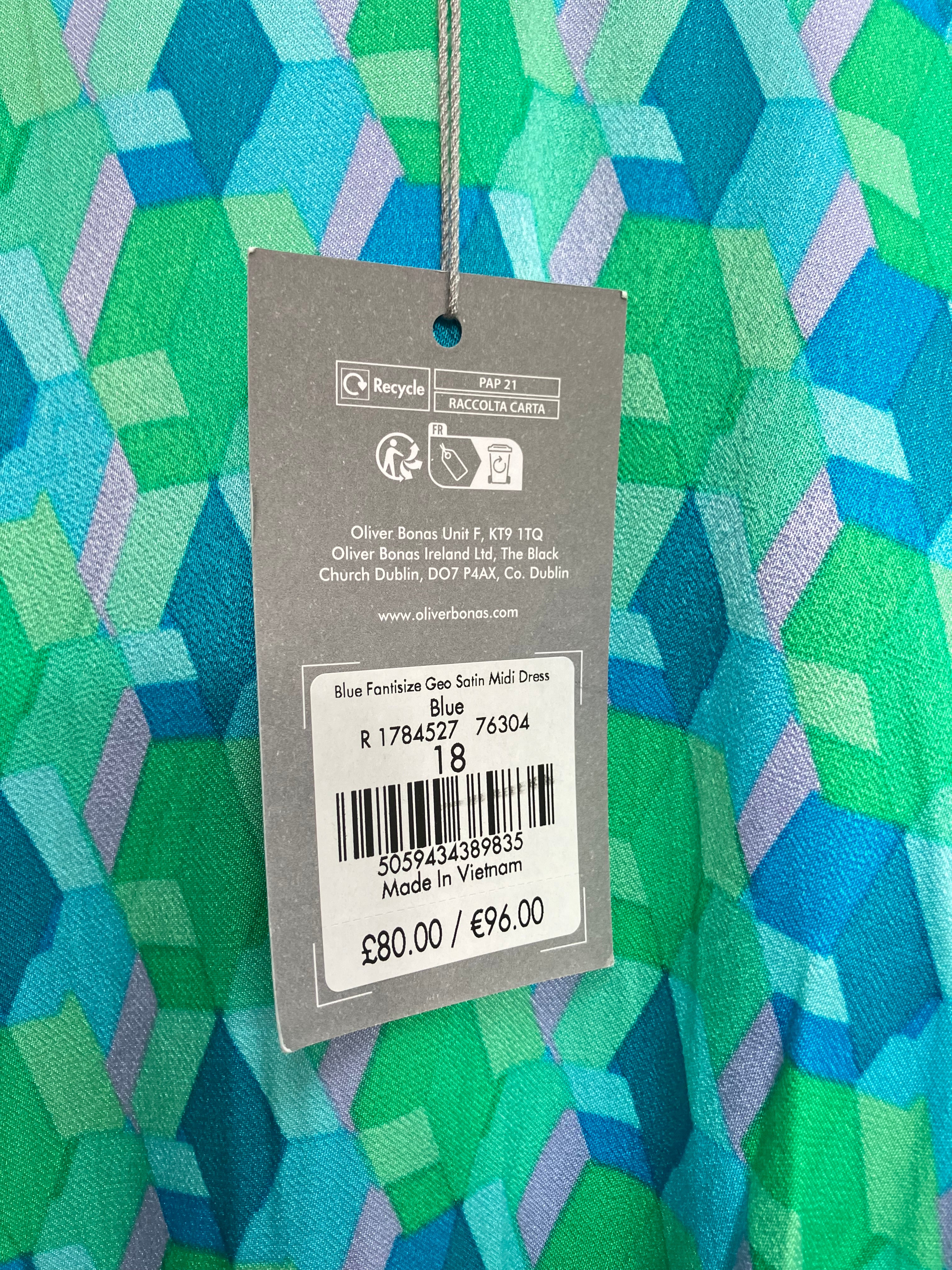 BNWT Oliver Bonas Women’s Midi Dress Size UK 18 Green Blue Geo Satin Fantasise Party