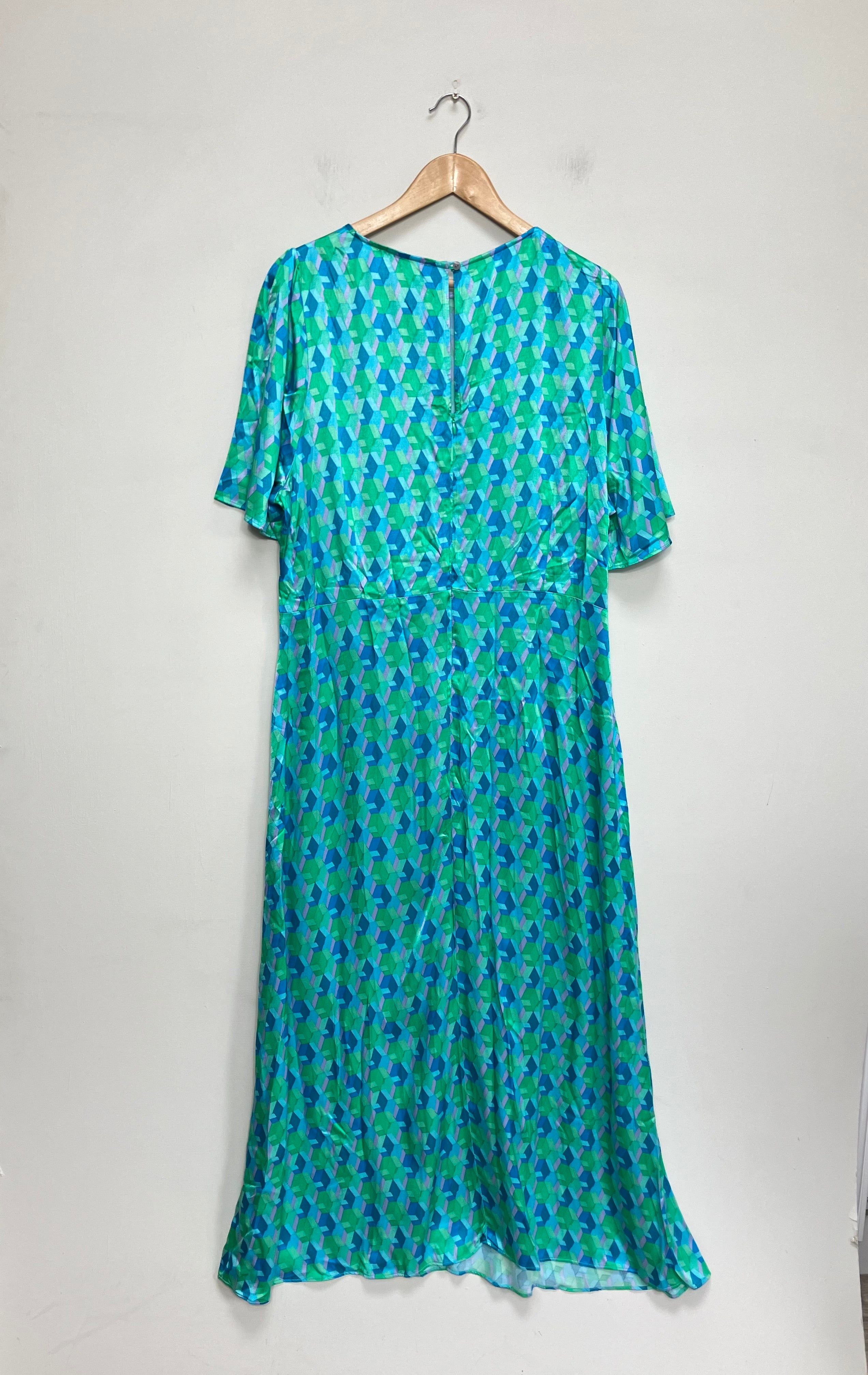 BNWT Oliver Bonas Women’s Midi Dress Size UK 18 Green Blue Geo Satin Fantasise Party